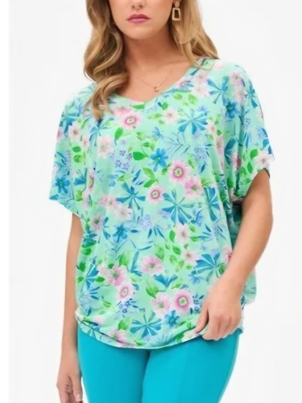 Dear Scarlett Floral V-Neck Dolman Top in Aqua-Various